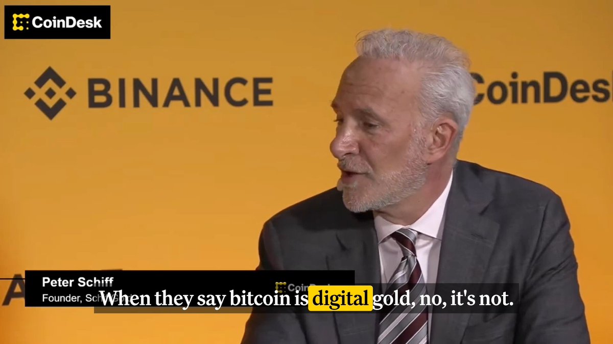 👀 Peter Schiff rejected the idea that Bitcoin is digital gold while speaking at @Binance Blockchain Week presented by Celo.eth/acc 🦇 🌳. “It’s digital, but it isn’t gold. Tokenized gold would be digital gold because it’s actually gold.”