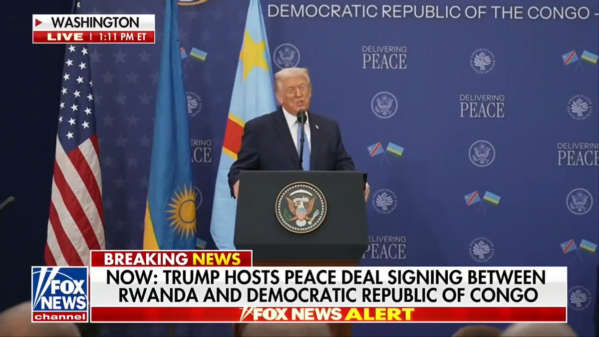NEW: President Trump opens the peace deal signing ceremony, held at the Donald J. Trump Institute of Peace, between Rwanda and Congo TRUMP: "We're settling a war that's been going on for decades with millions and millions of people killed."