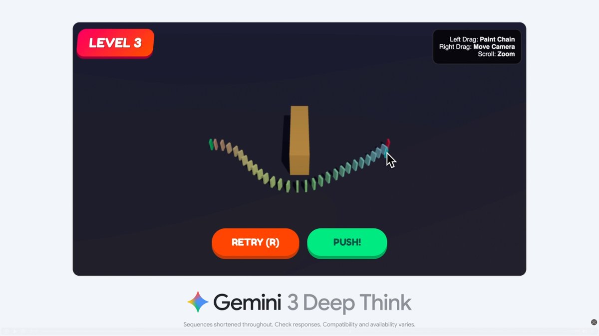 We’re pushing the boundaries of intelligence even further with Gemini 3 Deep Think. 🧠 This mode meaningfully improves reasoning capabilities by exploring many hypotheses simultaneously to solve problems. Here’s how it coded a simulated dominoes game from a single prompt ⬇️