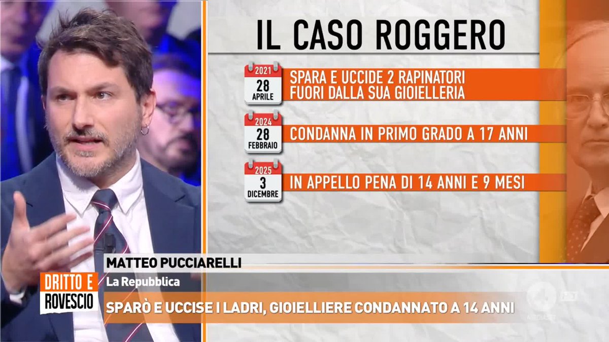 "Quando uccidi 2 persone sei tecnicamente un assassino e credo sia pericoloso fare di Roggero un santino" Matteo Pucciarelli a #drittoerovescio sul caso del gioielliere Mario Roggero condannato a 14 anni di carcere per aver sparato e ucciso i suoi rapinatori