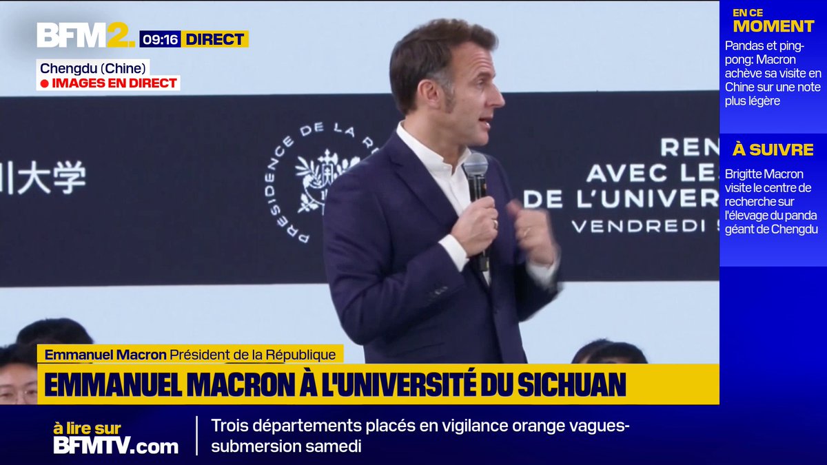 💬 "Nous avons aujourd'hui environ 30.000 étudiants chinois en France. Nous en voulons encore davantage" Lors de sa visite à l'université du Sichuan, Emmanuel Macron appelle les étudiants chinois à venir étudier en France #BFM2