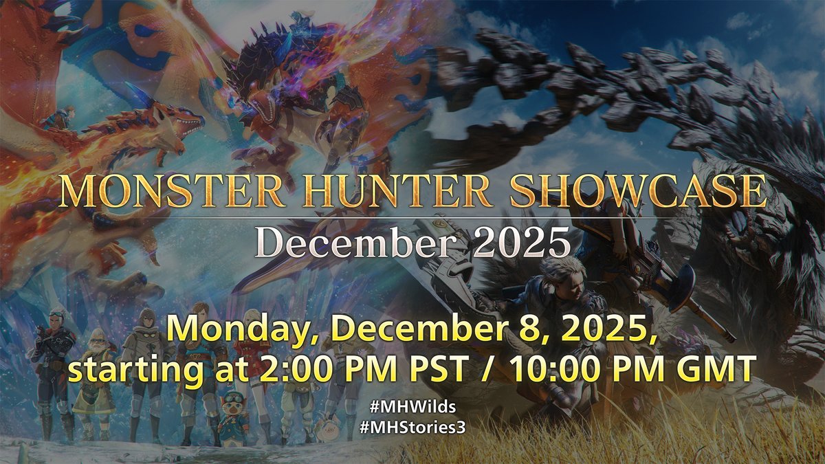 Join us for a Monster Hunter Showcase on December 8 at 2pm PT/10pm GMT! Tune in to the livestream for all the info on #MHWilds Free Title Update 4, and new info for #MHStories3! For Monster Hunter Wilds, the event will focus solely on Free Title Update 4.