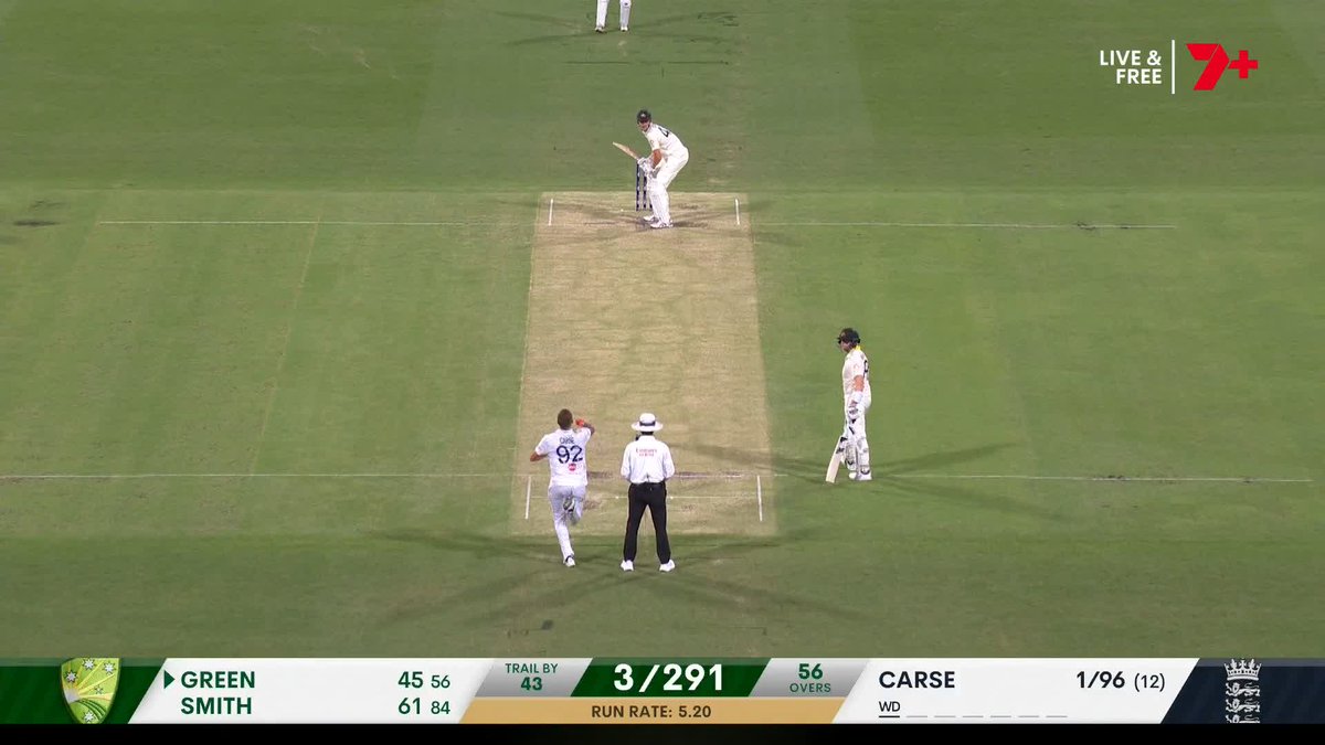 Bowled! Carse pitches one up, and Green is knocked over #Ashes