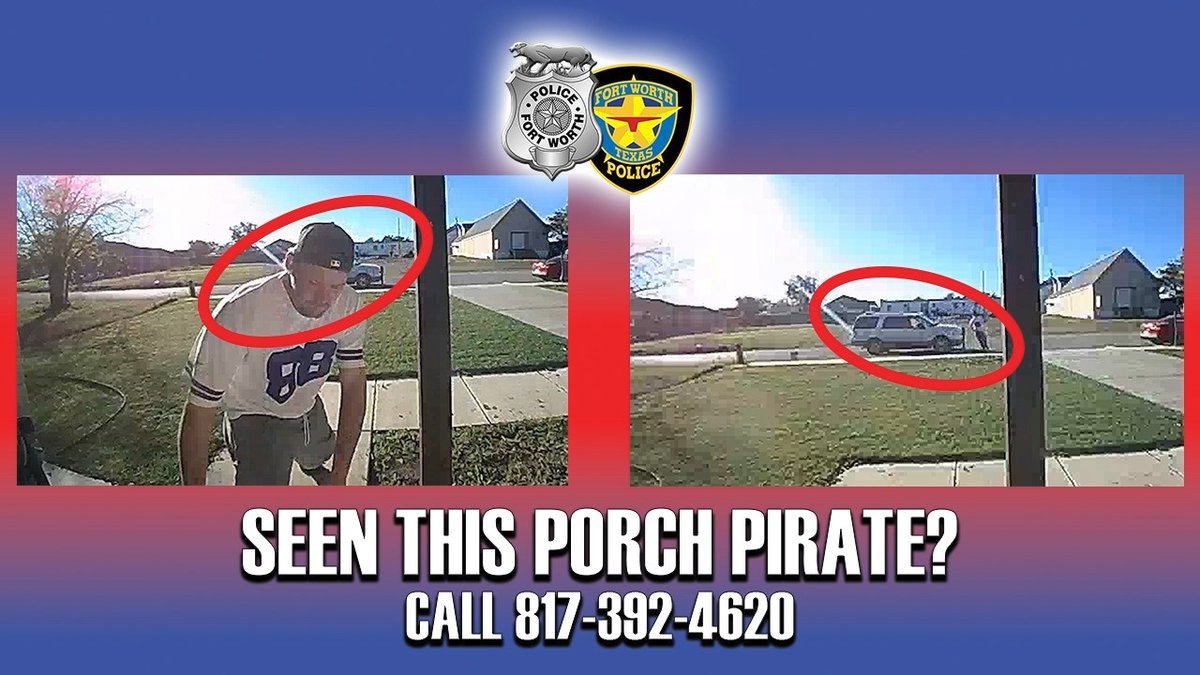 Porch pirate wearing Cowboys No. 88 jersey caught on camera stealing package in Fort Worth