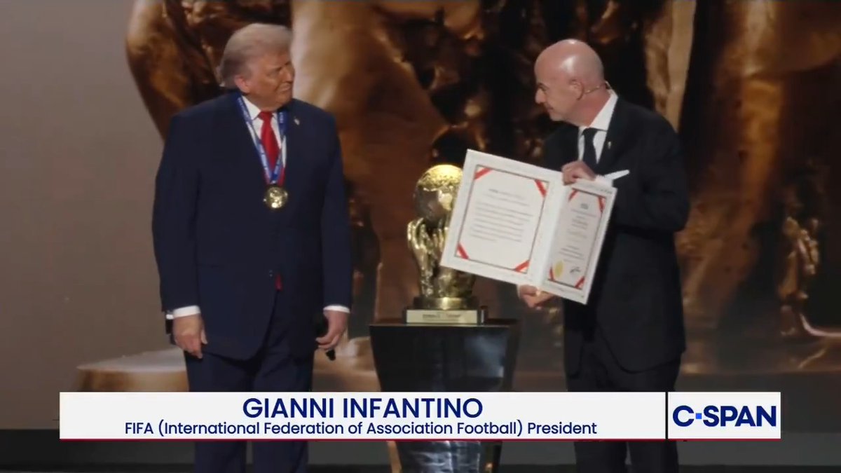 Fifa President Gianni Infantino: “You definitely deserve the first FIFA Peace Prize for your action, for what you have obtained in your way, but you have obtained it in an incredible way." Trump: “This is truly one of the great honors of my life…The world is a safer place.”