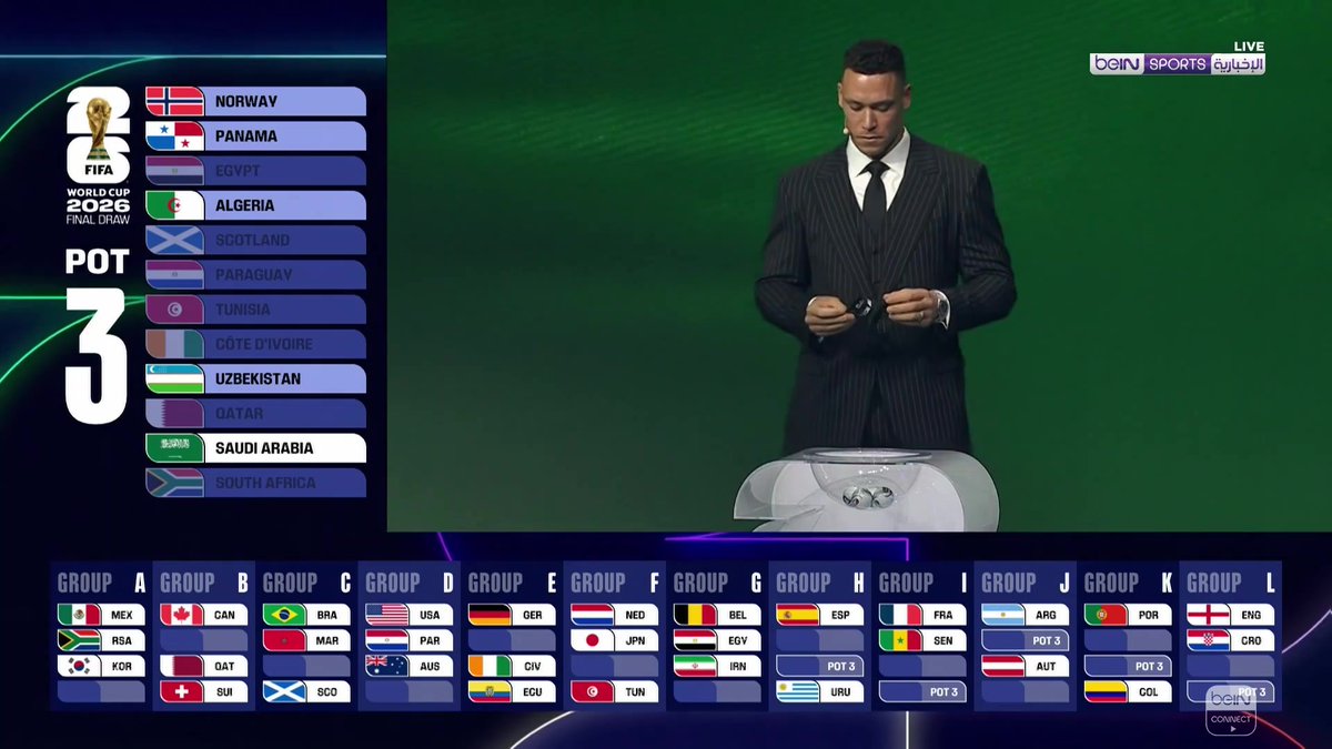 🇸🇦 المنتخب السعودي يتواجد في المجموعة الثامنة رفقة كل من إسبانيا وأورغواي ▶️ يمكنكم متابعة بث مراسم حفل سحب قرعة بطولة كأس العالم 2026 على حسابنا على يوتيوب #كأس_العالم_2026 | #كأس_العالم2026 #WorldCup2026 | #FIFAWorldCup | #WorldCupDraw