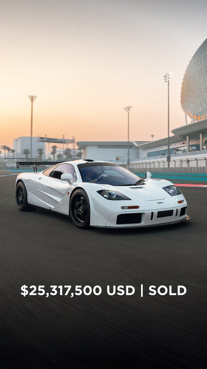 SOLD: $25,317,500 USD The 1994 McLaren F1 has found a new home at our Abu Dhabi sale during Sotheby’s Collectors’ Week. Delivered new to the Brunei Royal Family in Titanium Yellow over black, it was later rebuilt by McLaren in Woking in 2007, repainted in Ibis White, and upgraded with the High Downforce Kit and an LM-spec interior. It has now become the most expensive McLaren F1 sold publicly. #RMAbuDhabi #RMSothebys #CollectorsWeek #McLaren #F1