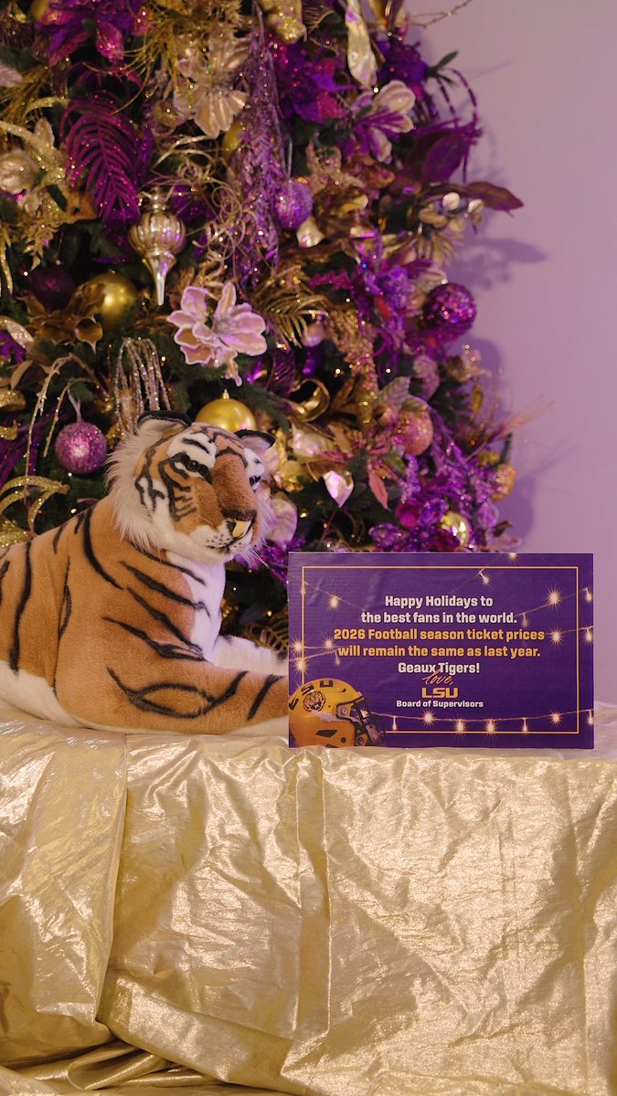 LSU has the best fans in the nation — passionate, loyal and loud. Because of that support, the LSU Board of Supervisors and LSU Tigers have decided not to raise football season ticket prices next year. We’re gearing up for an electric season in Tiger Stadium with marquee home matchups and Coach Lane Kiffin on the sidelines. Happy holidays and Geaux Tigers! 💜 💛