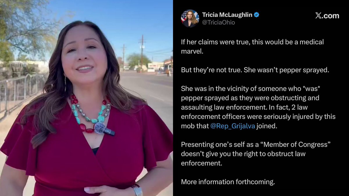 🚨 BREAKING: Democrat Rep. Adelita Grijalva just got caught joining an anti-ICE RIOT and LYING that she was "pepper sprayed" by agents. "2 law enforcement officers were seriously injured by this mob that Rep. Grijalva joined," DHS says She was JUST sworn in a couple weeks ago and ALREADY needs to be censured! "She was in the vicinity of someone who *was* pepper sprayed as they were obstructing and assaulting law enforcement." "Presenting one’s self as a 'Member of Congress' doesn’t give you the right to obstruct law enforcement." UNBELIEVABLE! She is a disgrace already!