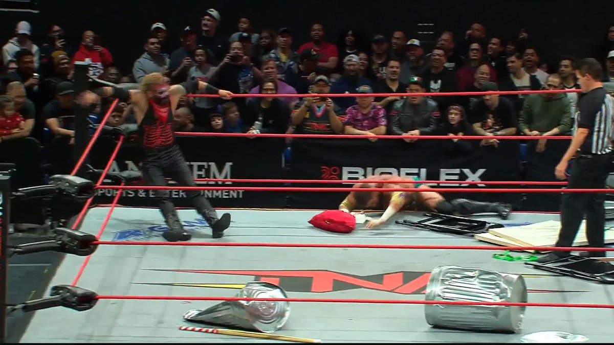 Matt Cardona with an homage to John Cena as he uses the Attitude Adjustment to launch Mance Warner onto a pile of action figures at TNA Final Resolution 😲