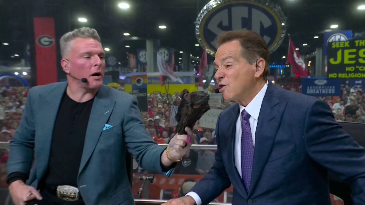 .Pat McAfee had to make sure Nick Saban got in on the Atlanta BBQ 🤣🔥