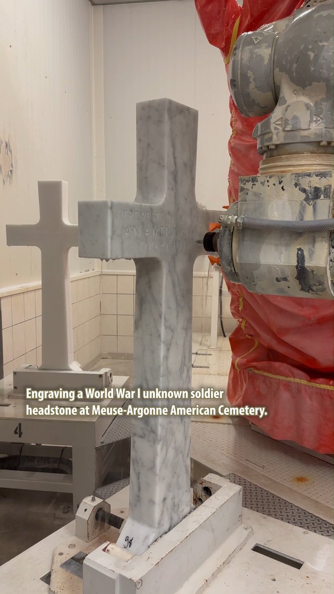 The robot at Meuse-Argonne American Cemetery engraves the headstone of an unknown soldier from World War I whose grave marker needed to be renewed. All grave markers for unknown service members from World War I read: "Here rests in honored glory an American soldier known but to God." Every year, about 300 headstones are engraved by this robot — one of two at ABMC facilities. 468 unknown service members are buried at Meuse-Argonne American Cemetery, the largest American military cemetery in Europe.