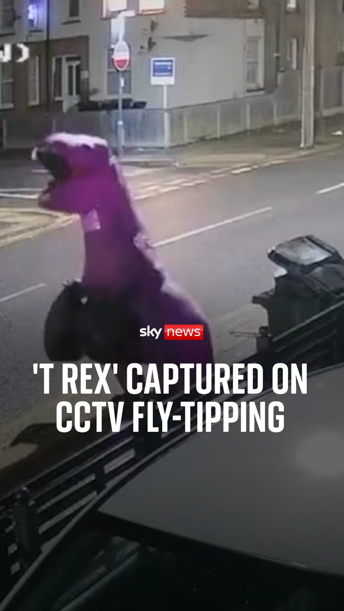 'T Rex' gets caught fly-tipping. A fly-tipper dressed as a purple dinosaur was captured on CCTV dumping rubbish on the streets of Southend-on-Sea. Watch more videos here: