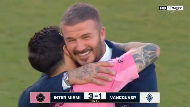 Lionel Messi and David Beckham embrace after winning the first-ever Major League Soccer Cup in club history for Inter Miami CF ‼️