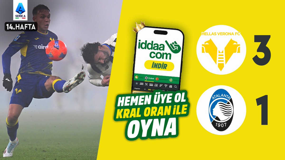 🇮🇹 #SerieA'nın 14. haftasında Hellas Verona, Atalanta'yı 3-1 mağlup etti. 🟡 iddaa &amp;