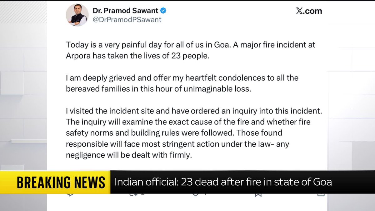 BREAKING: At least 23 people have been killed after a fire in Goa, India Read more on this story here: 📺 Sky 501, Virgin 602, Freeview 233 and YouTube