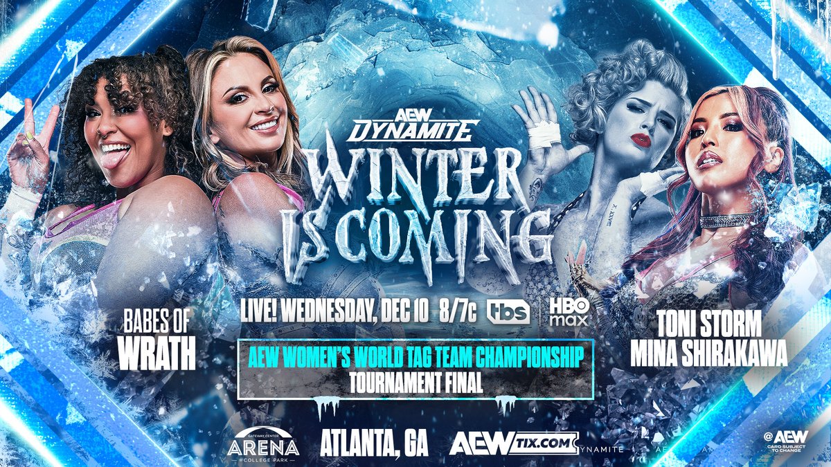 It’s the finals of the #AEW Women’s World Tag Team Title Tournament! 💥 Babes of Wrath vs. Timeless Love Bombs! Who takes the gold this Wednesday at Winter Is Coming? Watch #AEWCollision LIVE on TNT &amp; HBO Max