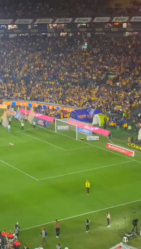 Sale a calentar el resto del equipo de Tigres y el Universitario canta “Vamos vamos Tigres, para ser campeón hoy hay que ganar”.