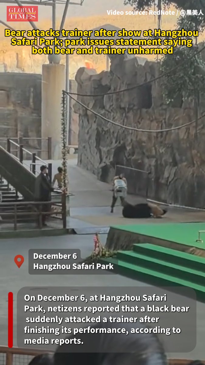 According to media reports, a black bear suddenly attacked a keeper after finishing a round of performance at Hangzhou Safari Park in East China’s Zhejiang Province on Saturday. Other staff immediately intervened and used props to separate the bear from the keeper. This incident has sparked online debate about whether animal performances should be banned.
