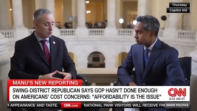 NEW: "I don't believe that to be true -- at all." GOP Rep. Brian Fitzpatrick tells Manu Raju he doesn't agree with President Trump's dismissal of Americans' concerns over costs. #InsidePolitics