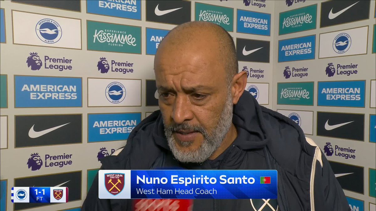 "Is it cruel not to get anything from today?" "Yep." "Why do you think that's the case?" "It's a handball, isn't it." Nuno Espirito Santo is not happy that West Ham didn't come away from the Amex with all three points...