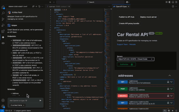 Build APIs and automations without special expertise! This page provides instructions on how to design and edit APIs in Apigee in Cloud Code, leveraging Gemini Code Assist to accelerate API specification creation, editing, and management →
