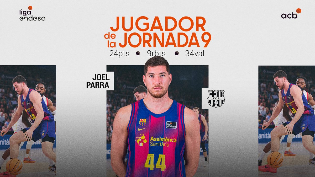 ✨ Su MEJOR PARTIDO en 𝙥𝙪𝙣𝙩𝙤𝙨 𝙮 𝙫𝙖𝙡𝙤𝙧𝙖𝙘𝙞𝙤́𝙣 en #LigaEndesa... tenía que tener su premio. Joel Parra Lopez llevó al Barça Basket al triunfo y se convirtió en el JUGADOR DE LA JORNADA 9⃣ de la #LigaEndesa. ¡2⃣4⃣ puntos y 3⃣3⃣ de valoración!