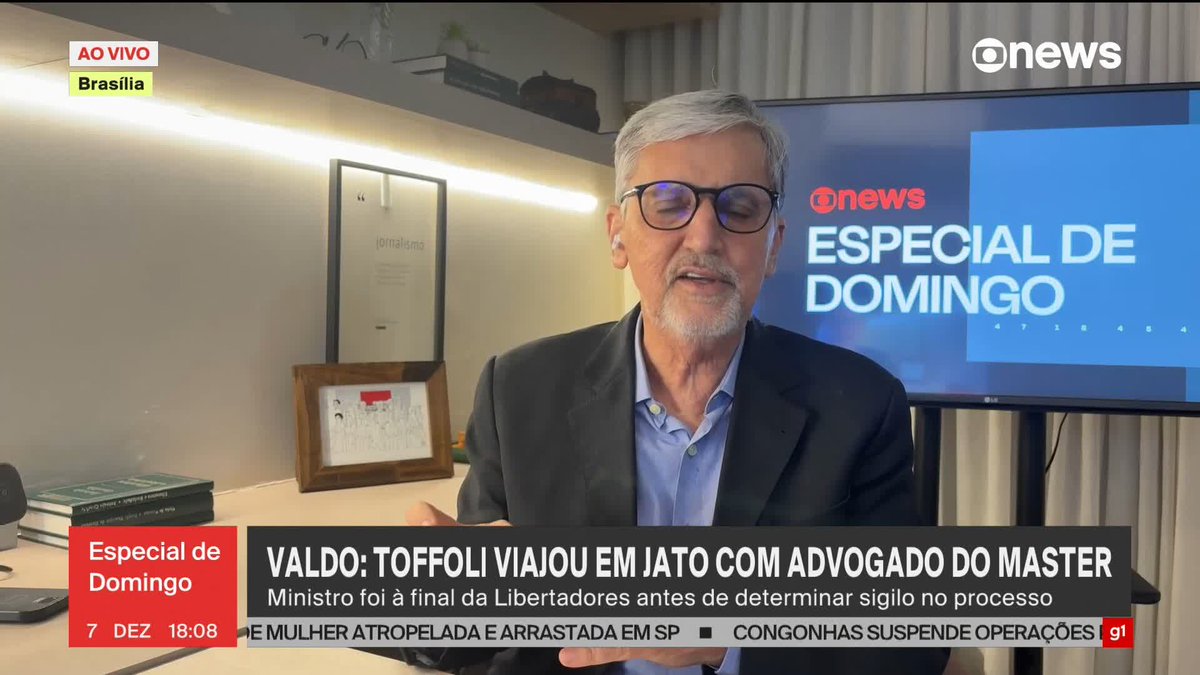 Dias antes de impor o sigilo no caso do Banco Master, o ministro do STF Dias Toffoli viajou a Lima pra ver a final da Libertadores no mesmo jato que um dos advogados da instituição. ➡️ Assista à #GloboNews: #EspecialDeDomingo
