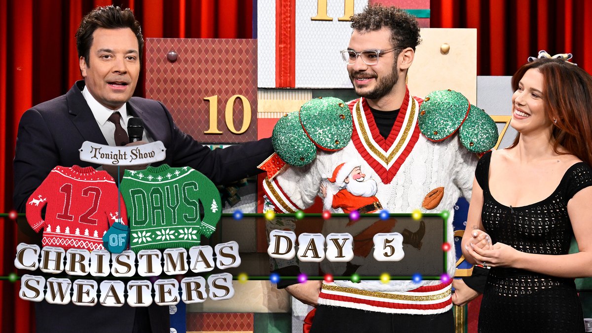 It’s Night 5 of 12 Days of Christmas Sweaters! Night 5 is a Christmas Kick Off sweater! #FallonTonight