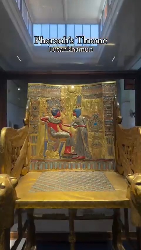 Tutankhamun’s Golden Throne Originally made for Tutankhaten, it was later reworked after his return to traditional gods, with protection symbols and traces of the old names still visible.