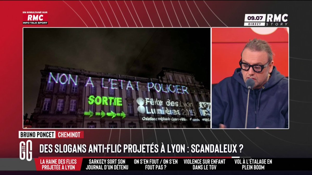 👮♀️ Des messages anti-police projetés lors de la fête des Lumières 🎙️ Olivier Truchot : "La violence policière est partout ?" 🗣️ Bruno Poncet : "Oui, c'est un fait dans les manifs ! En campagne, la police tue ! Rémi Fraisse, c'est en campagne !" #GGRMC