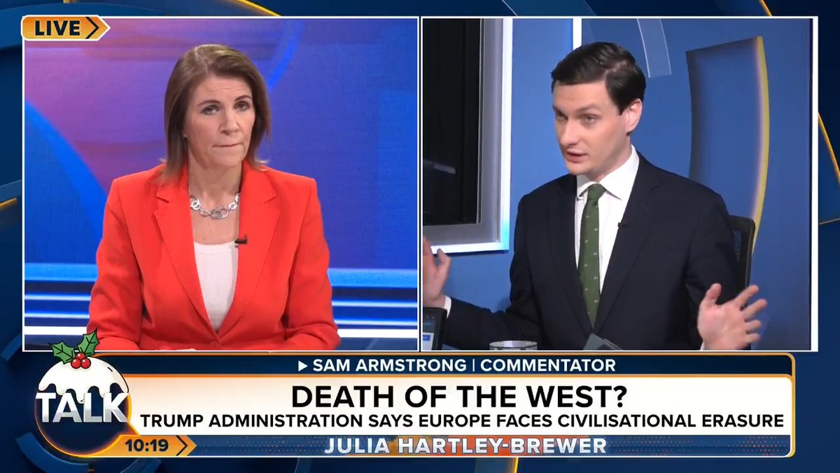 🚨 "Britain will not exist in any recognisable form within my lifetime. Unless something very dramatic happens." Donald Trump's administration has warned that Europe faces "civilisational erasure" in a new National Security Strategy. Julia Hartley-Brewer