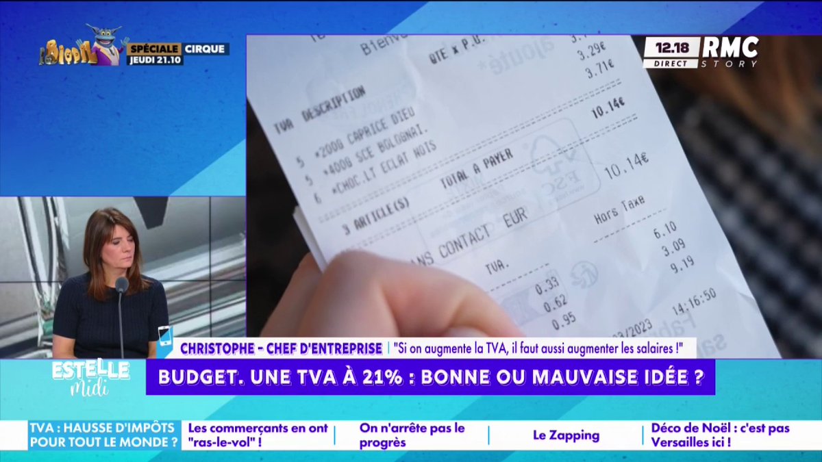 💶 Une TVA à 21% 📞 Christophe : "J'ai fait une fiche de paie j'ai payé 4 616€ de coût global et mon employé a touché 2 400€ ! Ça veut dire qu'après la pause déjeuner, tout ce qu'il travaille, c'est pour l'État ! montons la TVA à 25% mais réduisons le superbrut !" #EstelleMidi
