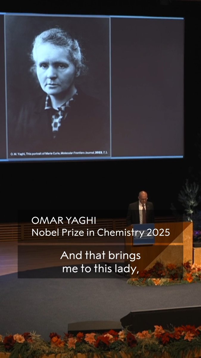 "I think we, everyone of us, can always do more and do better." During his Nobel Prize lecture, this year's chemistry laureate Omar Yaghi spoke about one of his role models, Marie Skłodowska Curie. Yaghi has a portrait of Curie at his office to inspire and encourage his lab colleagues. Marie Skłodowska Curie was awarded two Nobel Prizes in two scientific categories, physics 1903 and chemistry 1911. She is still the only individual to receive two prizes in two different scientific categories. Watch the rest of Omar Yaghi's lecture that was delivered today: