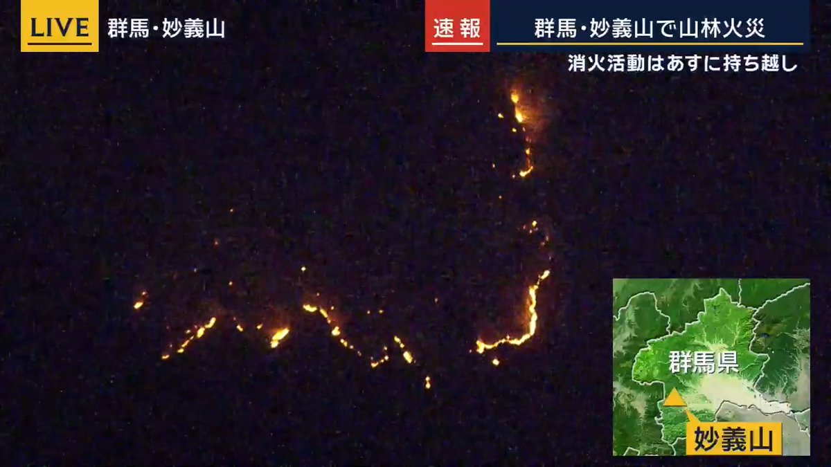 【速報】群馬・妙義山で山林火災 ｜ ▼ヘリから見た現状は？ 延増惇ディレクター 「けさ山火事が発生した群馬県妙義山上空から様子をとらえている」 「現在も延焼中で、火の範囲は時間とともに広がってきている」 「今カメラで捉えているところは妙義山の6～8合目辺り。カメラを寄ると火の手が散らばっている。煙も激しく上がっているのが確認できる」 「ヘリ2機で消火活動が行われたが、午後になって風が強まり難航したという。折れ線グラフのように火が広がっている。目算で数百m離れた所にも飛び火」 「消防によると午後5時現在で8ヘクタール、東京ドームおよそ2個分が燃えたという」 「妙義山周辺には群馬・富岡市、長野・軽井沢町など市街地がある。火は衰えず、時間とともに広がってきている状況」