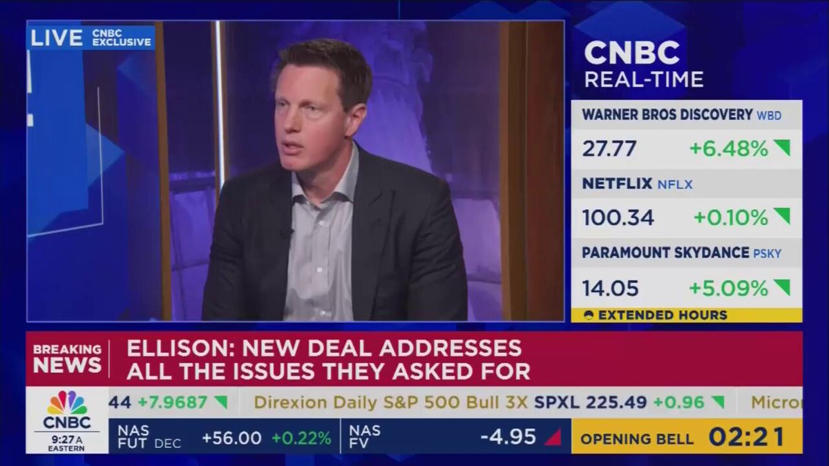 CNBC: Do you think the president embraces the idea of you being the owner of CNN given his criticism for that network? DAVID ELLISON: Ah -- we've had great conversations with the president about this but I don't want to speak for him in any way, shape, or form