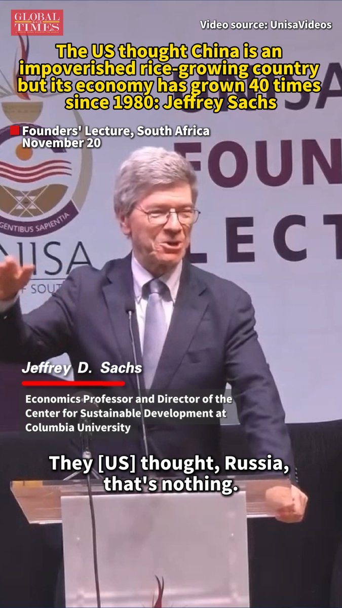 “The US thought, China, don't they grow rice there? That's an impoverished country of villages…Well, that's not how economics works actually. China has increased the size of its economy 40 times since 1980,” said US economist Jeffrey Sachs during the Founders' Lecture held by University of South Africa.