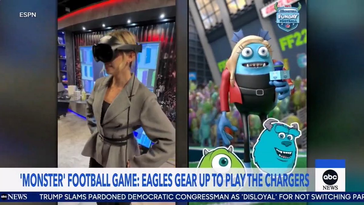 "Boo!" Good Morning America visited ESPN HQ in Bristol, Conn. to preview how tonight's Monday Night Football game will be played inside Pixar's iconic 'Monsters, Inc.' universe on Monsters Funday Football 🏈8p ET | ESPN2, Disney+, Disney Channel, Disney XD