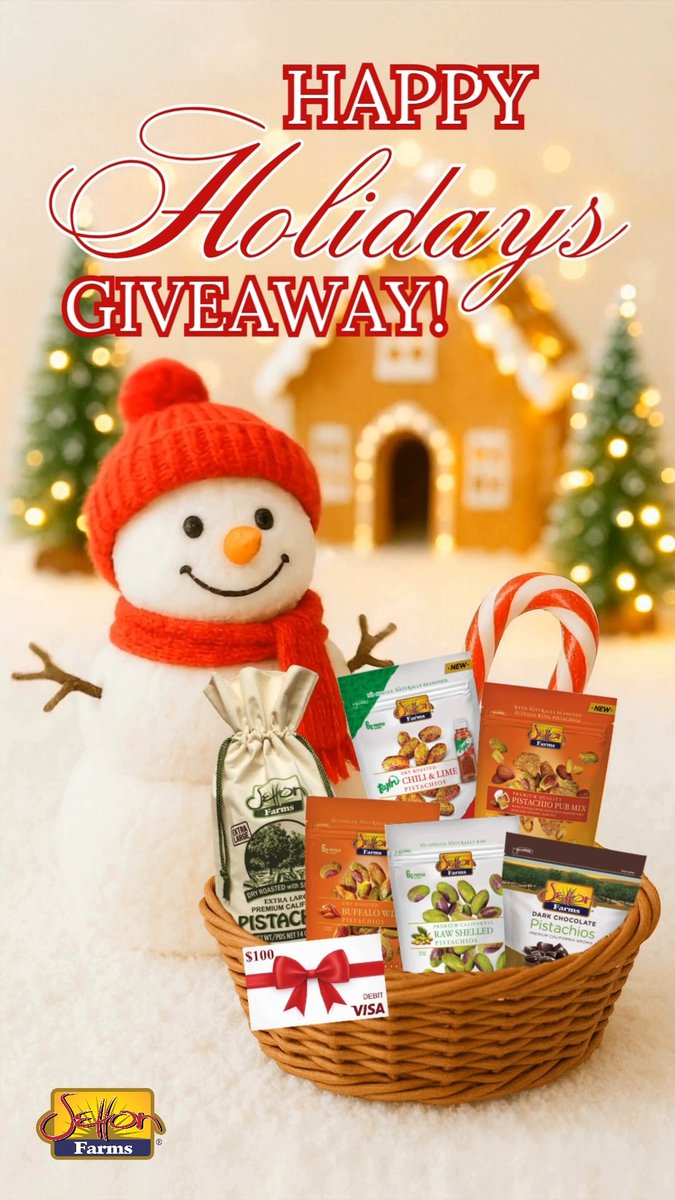 HAPPY HOLIDAYS GIVEAWAY 🎄 Join us in celebrating the holidays! 🎁 Enter this fantastic contest for a chance to win delicious Setton Farms pistachio products, swag, and a $100 Visa Gift Card 😉 Don’t miss out and enter now! Follow the rules below 🍀 Good luck! 💚 #PoweredByPistachios Rules: 1) Follow us (Setton Farms) and Like this video 2) Tag a friend and invite them to enter 3) Optional for extra entries: Follow us on Instagram and/or BlueSky Prizes: 🎁 14oz Dry Roasted with Sea Salt Pistachios Burlap Bag 🎁 5oz Tajín Seasoned Pistachio Kernels 🎁 5oz Buffalo Wing Seasoned Pistachio Kernels 🎁 5oz Pistachio Pub Mix 🎁 5oz Raw Pistachio Kernels 🎁 4oz Dark Chocolate Pistachios 🎁 Setton Hat & tote bag 🎁 $100 Visa Gift Card Ends 12/15/2025. Setton Farms reserves the right to substitute the giveaway products with another of equal value at its discretion. Participants must reside in the United States. Setton Farms will randomly choose and contact the winner(s). This giveaway is not associated with nor sponsored by X ⚠️ Beware of scammers! Setton Farms will Never ask you to click on a link or provide credit card information to claim a prize ⚠️ #SettonFarms #wellandgoodeats #cleaneats #healthyeats #plantbased #plantprotein #completeprotein #pistachios #recipe #receta #americasbesttastingpistachios #giveaway