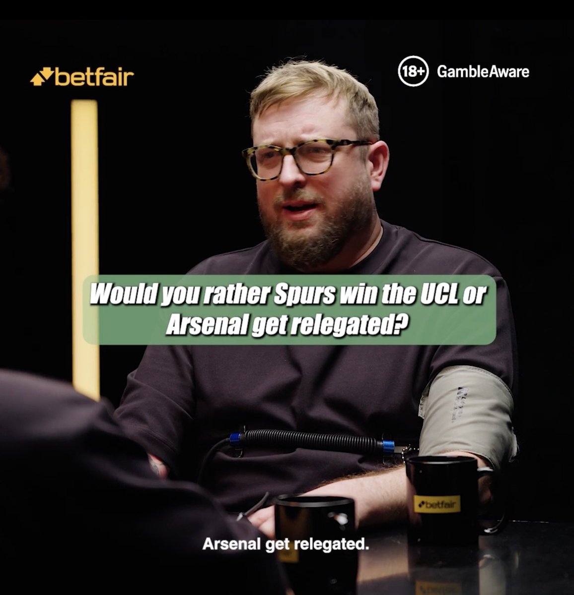 “I want to see Arsenal fail” 😂 Tottenham fan @flav_bateman was put to the test when he was asked whether he'd rather Spurs win the UCL or Arsenal get relegated. Watch him sweat as Betfair hooked him up to a lie detector &amp; asked the questions no Spurs fan wants to hear! AD