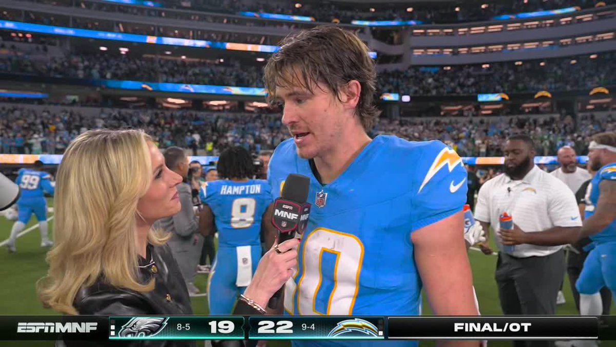 "Not the way we drew it up ... they never quit and it's just fun to be a part of." Laura Rutledge with Justin Herbert after the game