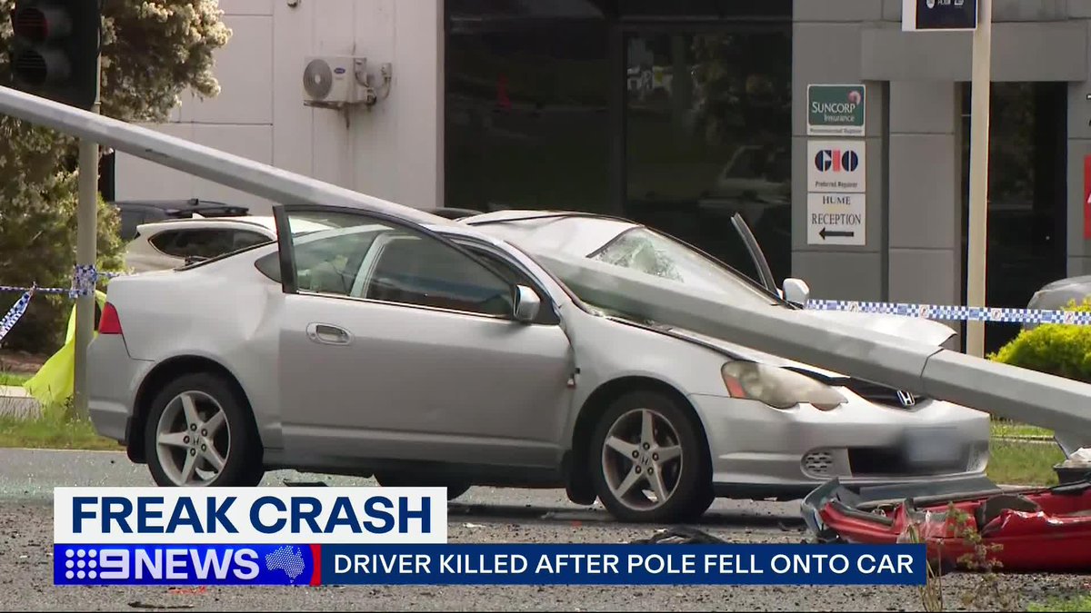 A 21-year-old driver has died after a falling pole crushed the roof of her car, during a freak accident on the Hume Highway. Ollie Haig #9News