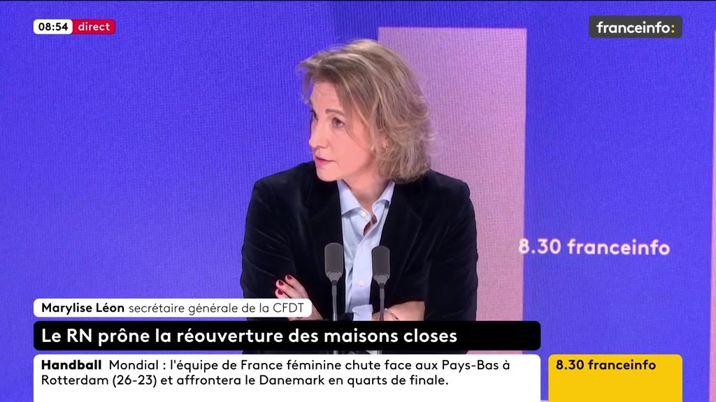 🔴 Le RN prône la réouverture des maisons closes ➡️ "En termes de respect des droits des femmes et du corps des femmes, ce n'est pas un projet de travail et [...], je trouve que c'est assez révélateur de leur image de la femme dans la société", dit Marylise Léon