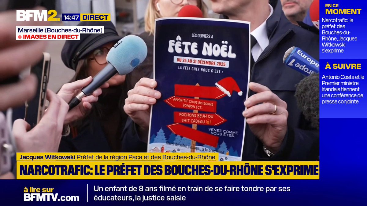 💬 "C'est la magie de Noël !" Le nouveau préfet des Bouches-du-Rhône, Jacques Witkowski, dévoile à la presse une affiche confectionnée par des dealers pour les fêtes de fin d'année #BFM2