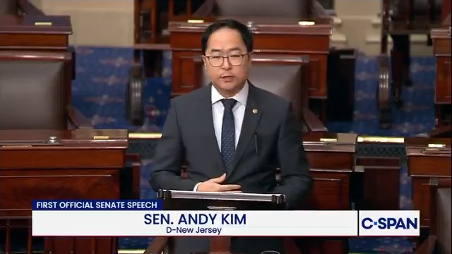 .Senator Andy Kim first official Senate speech "This is my maiden speech and one day I will stand here again to give my farewell speech and the duration between these two speeches will I hope not be measured in years but instead by the problems I sought to tackle and solve."