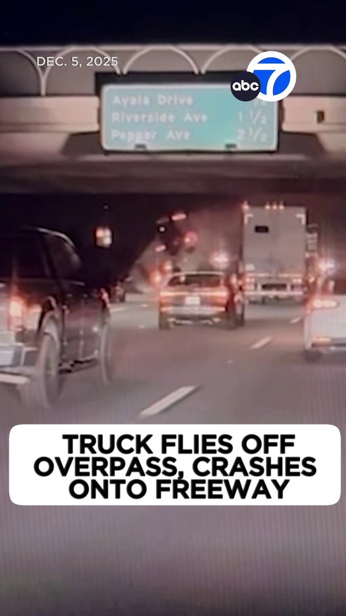 WILD: A car's dashcam caught the terrifying moment a pickup truck went flying off an overpass and crashed onto the roadway below in San Bernardino County.