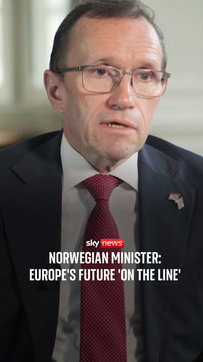 Norway's foreign minister has told Sky News he's concerned pushes to end the war in Ukraine quickly may lead to expensive consequences for Europe. Espen Barth Eide warned that the future of Europe was 'on the line' with a ceasefire deal between Russia and Ukraine. ⬇️