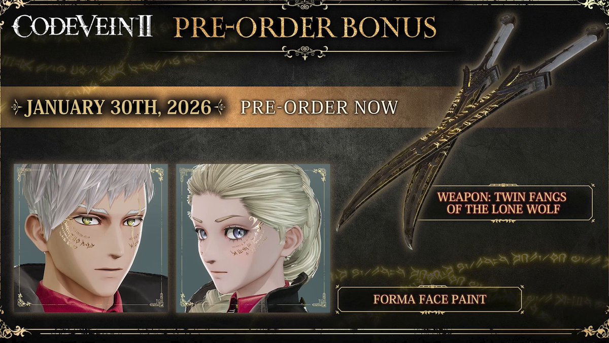 Drain and collect the ichor of your enemies to unleash a variety of skills to suit your own battle styles. Pre-order #CODEVEIN II now and get the exclusive bonus weapon Twin Fangs of the Lone Wolf: