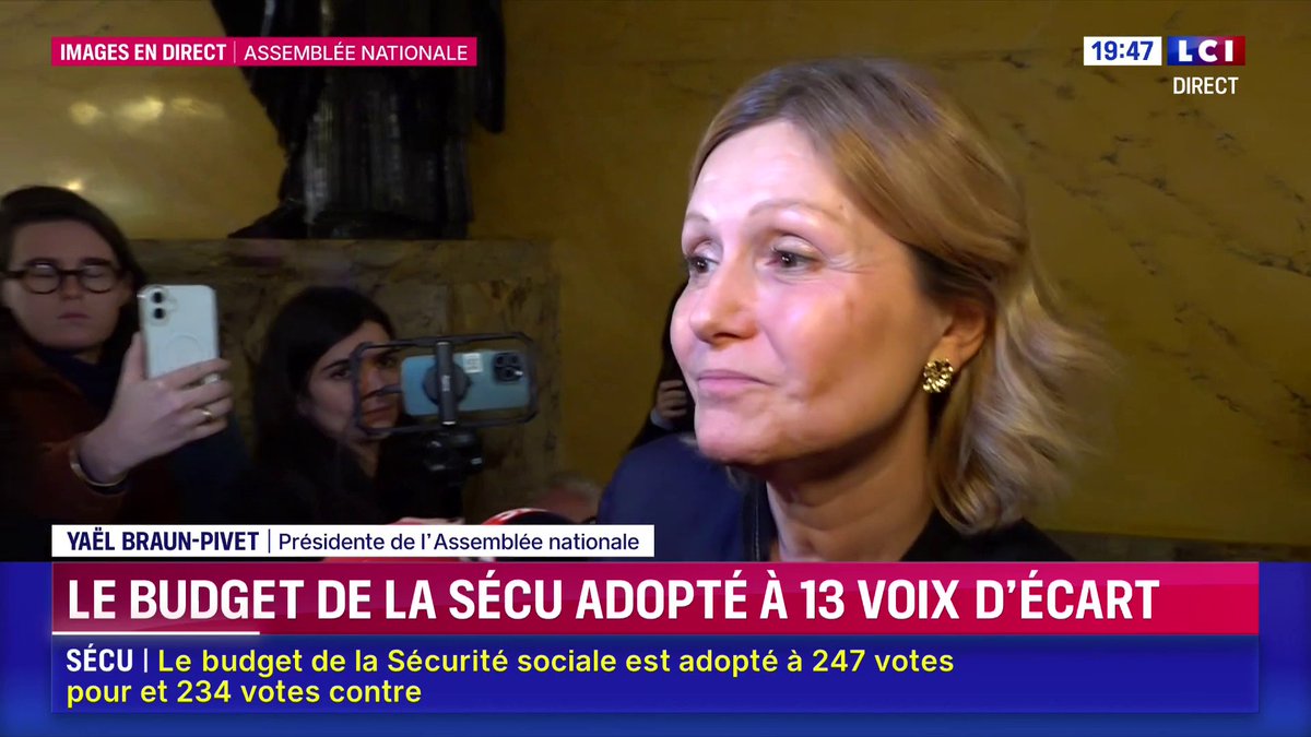 🔴 Le budget de la sécu adopté à l'Assemblée nationale 🗣️ "Le chemin n'est pas fini mais c'est vraiment un beau moment pour le Parlement, pour l'Assemblée nationale, et c'est la victoire d'une volonté de compromis large chez les parlementaires" : Yaël Braun-Pivet