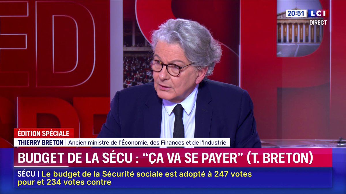🗣️ "Notre parole n'est plus entendue parce qu'on nous voit comme un pays qui ne tient pas ses engagements, et lorsqu'il les prend, les renie ensuite" : Thierry Breton estime que "notre pays doit avoir une parole plus importante" à l'international. 📺 Face à Darius Rochebin